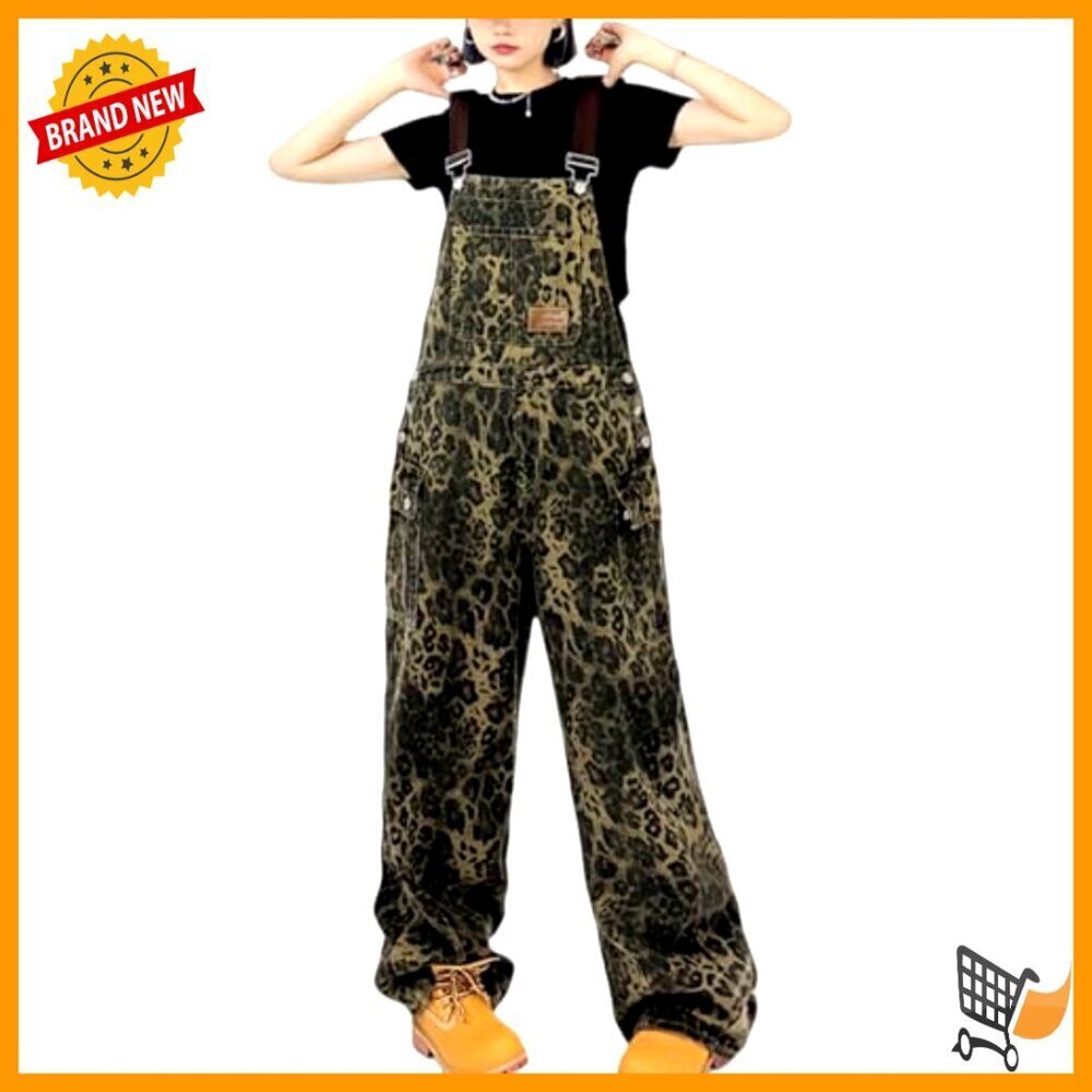 Y2K Leopard Print Wide Leg Jumpsuit Retro Streetwear Baggy Overall - Picture 5 of 7